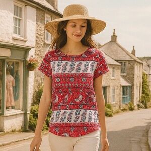 LOFT 100% Linen Paisley Top Boho Summer Short Sleeve Red White